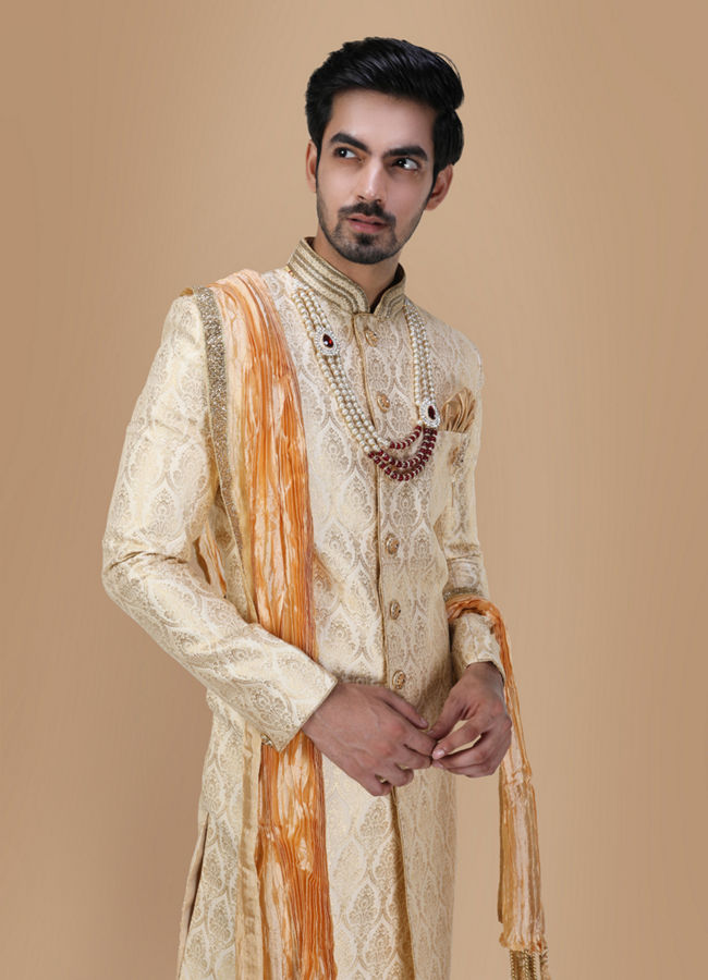 alt message - Manyavar Men Classic Light Colored Traditional Sherwani image number 0